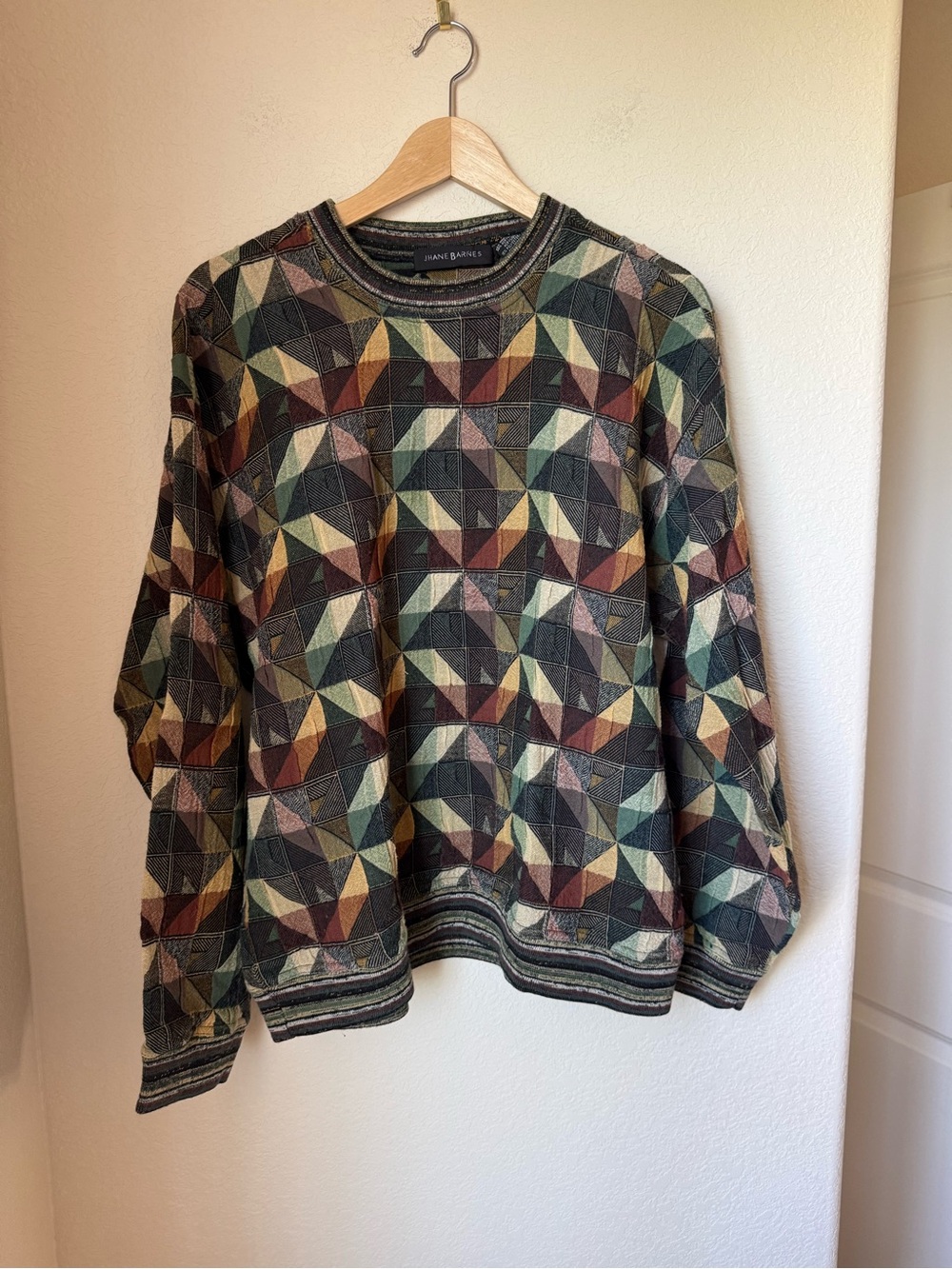 Vintage Jhane Barnes Men’s L Geometric Wool Blend Sweater 90s Coogi Style